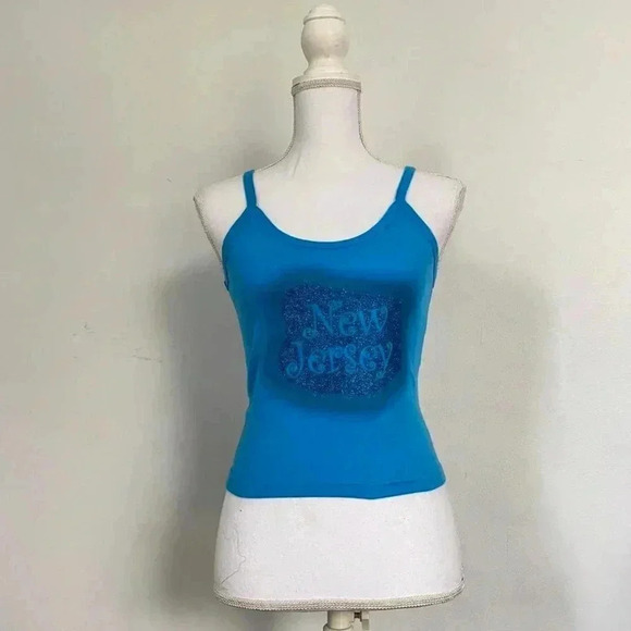 rare threads Tops - Blue sparkly New Jersey graphic tank top.